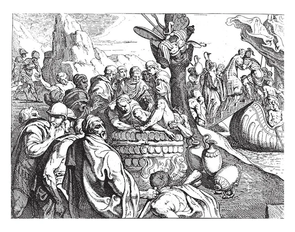 オデッセイは フランチェスコ プリマティッチオの後 ニコロ アバテの後 1633年オデッセイは エルペノールの体を火葬した後 エルペノール ヴィンテージ彫刻 — ストックベクタ