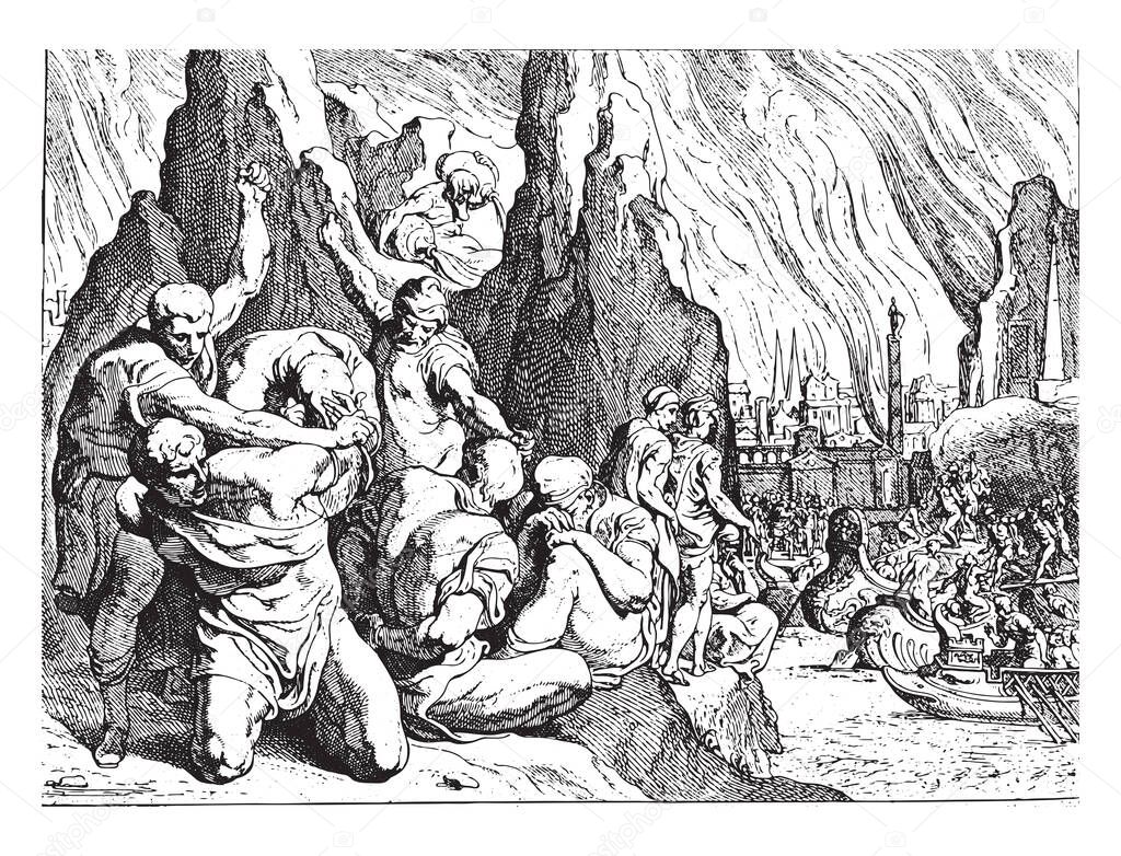 Greeks board after the fall of Troy, Theodoor van Thulden, after Francesco Primaticcio, after Nicolo dell Abate, 1633 The Greeks board and take prisoners of war with Trojans, vintage engraving.