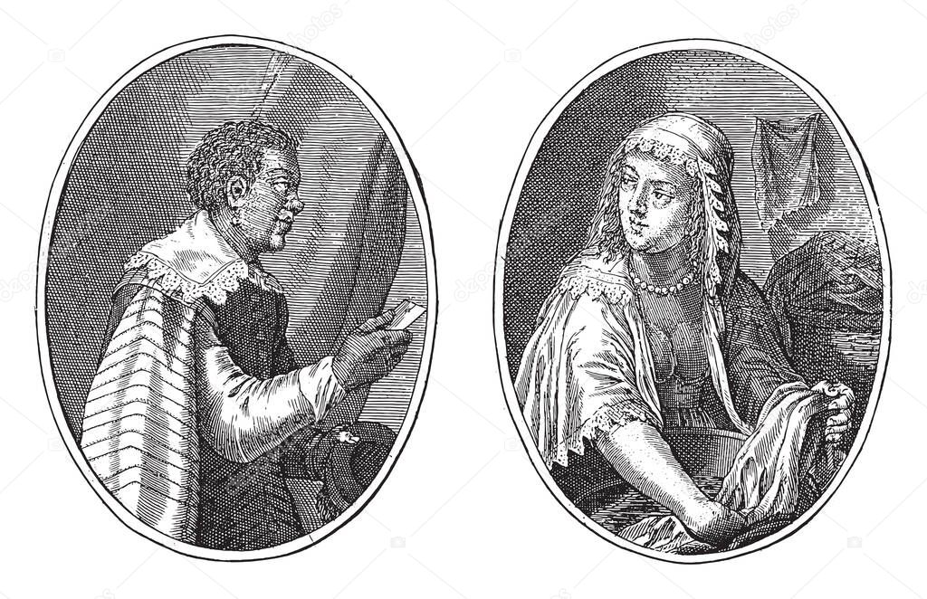 Two depictions on an album page. Left the fictional portrait of a lackey named Robert de Moor. He has a letter in his hand. On the right a washerwoman named Margo, vintage engraving.