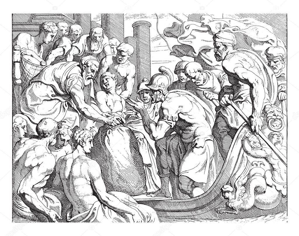 Odysseus receives the bag of headwinds from Aeolus, Odysseus, with a helmet on his head, receives the bag of headwinds from Aeolus, vintage engraving.