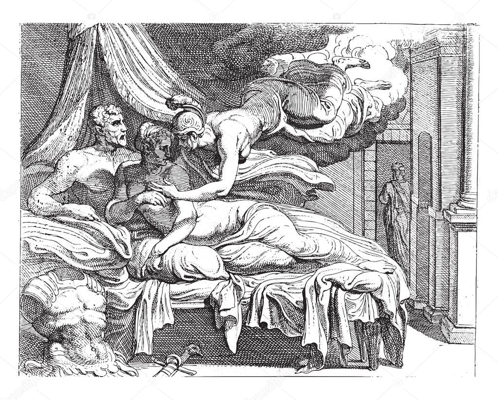 Minerva dispels Penelope's doubts, Minerva appears to Penelope and convinces her that the man next to her in bed is really Odysseus, vintage engraving.