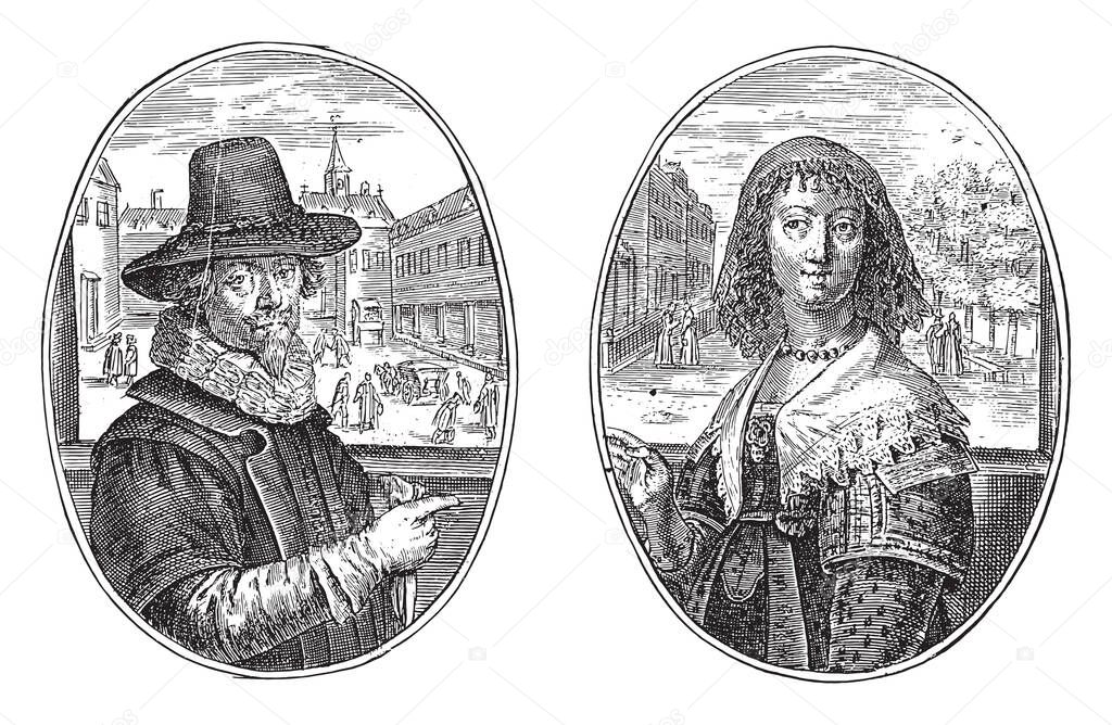 Two depictions on an album page. On the left the fictional portrait of a solicitor from The Hague, an advocate of small legal cases, vintage engraving.