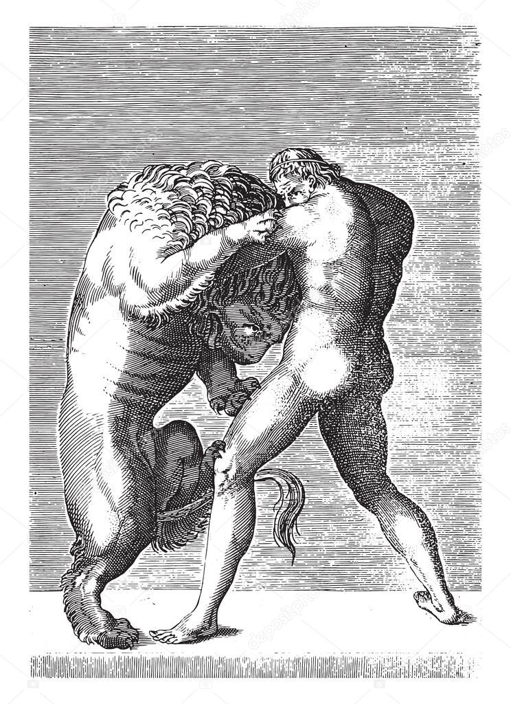 Sculpture of Hercules in battle with the Nemean lion, anonymous, 1584, vintage engraving.