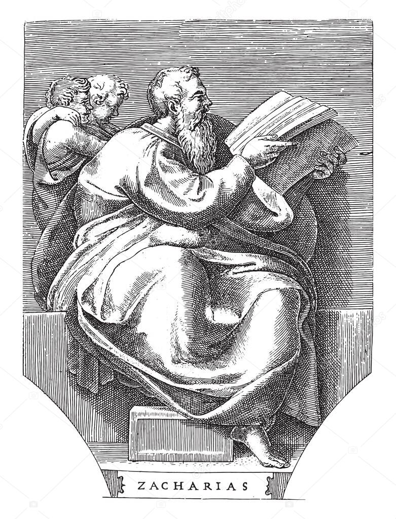 Prophet Zechariah, Adamo Scultori, after Michelangelo, 1585 The prophet Zechariah sitting with a book in his hands. Two small figures behind the prophet, vintage engraving.