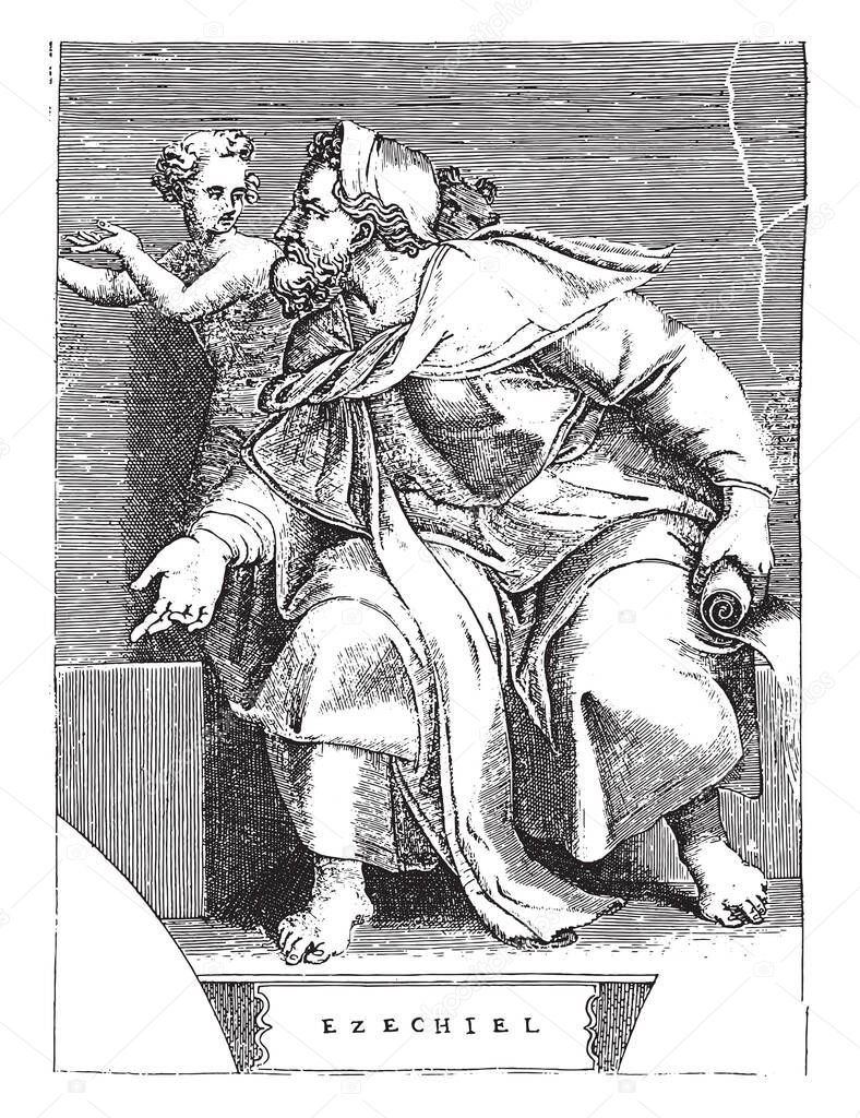 Prophet Ezekiel, Adamo Scultori, after Michelangelo, 1585 The prophet Ezekiel sitting with a scroll and two naked figures, vintage engraving.