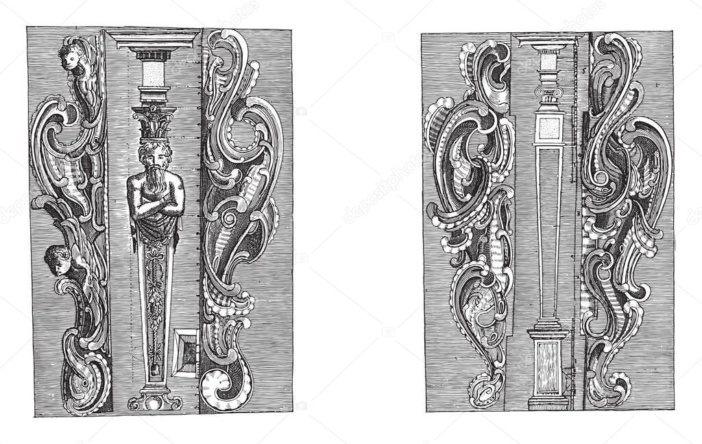 Two representations on a two-part album sheet. On the left a herm with a Corinthian entablature flanked by lobe-style ornaments, vintage engraving.