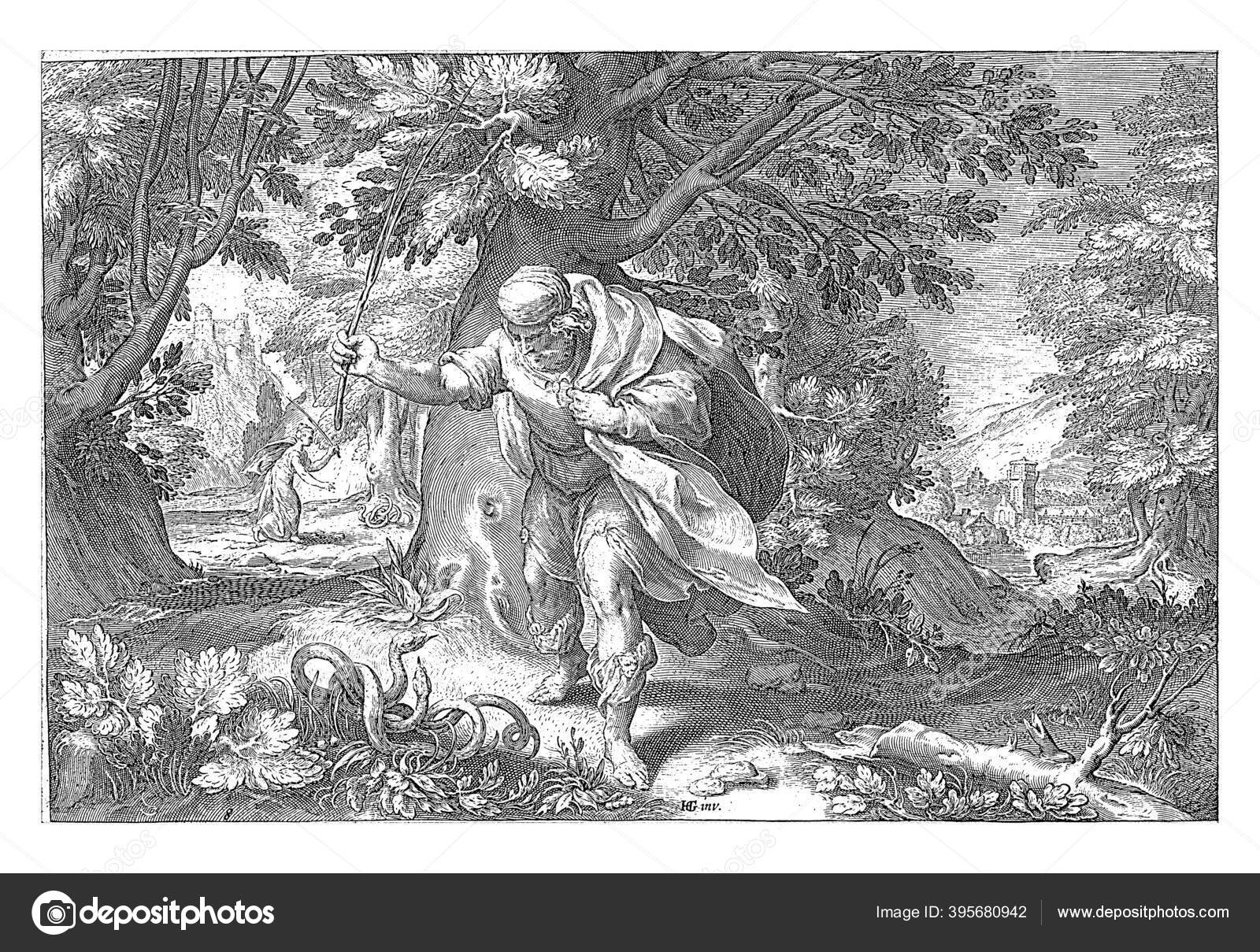 Tiresias Strikes Two Mating Snakes Forest Turns Woman Vintage Engraving