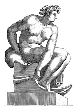 Çıplak oturan Adamo Scultori, Michelangelo 'dan sonra, 1585' te çıplak oturan adam, sağa döndü..