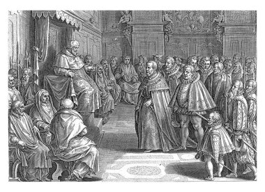 Cardinals Koleji için Cosimo de 'Medici ve Papa V. Pius, Philips Galle, Jan van der Straet' den sonra, 1583 Cosimo de 'Medici Kardinaller Koleji ve Papa V. Pius oymacılığı için, vintage.