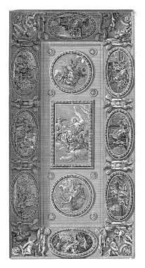 Apollo, Minerva ve Merkür 'ün olduğu tavan ve sosyal sanatların kişileştirilmesi, Pieter Sluyter, vintage gravür..
