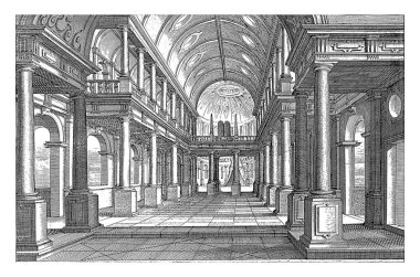 Bir kilisenin içinde, Hendrick Hondius (I), 1620 yılında Toskana ve İyonik Düzen Sütunları olan bir kilisenin iç mimarisi olan Paul Vreadman de Vries 'den sonra. Koroda bir kubbe, eski bir oyma..