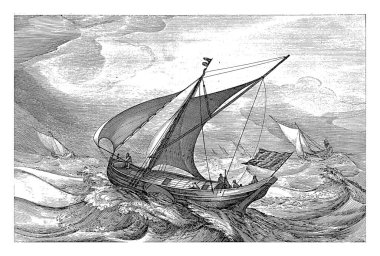 Frizya feribot gemileri, Robert de Baudous (muhtemelen), Jan Porcellis 'ten sonra, 1670 - 1726 Frizya feribot gemisi denizde, vintage oyma.