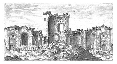 Roma 'da Konstantin Hamamları, Etienne Duperac, 1575 Roma' da Konstantin Hamamları 'nın kalıntılarının görüntüsü, eski gravürler..