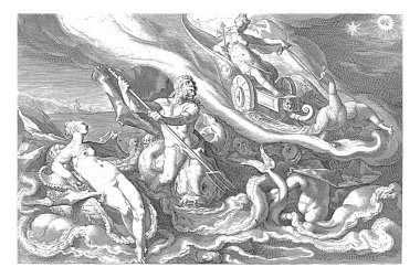 Juno, iki tavus kuşu tarafından deniz tanrıları Thetis ve Oceanus 'a çekilen at arabasıyla gelir..