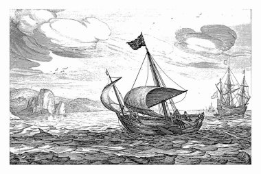 Köpek ya da köpek botu, Robert de Baudous (muhtemelen), Jan Porcellis 'ten sonra, 1670 - 1726 Suda bir köpek ya da köpek botu, vintage gravür.