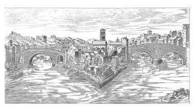Tiber Adası, Roma, Etienne Duperac, 1575 Tiber Adası manzarası Pons Cestius ve Pons Fabricius arasında, eski gravür..