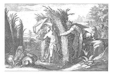 On the banks of the Ladon River, the nymph Syrinx tries to escape from the god Pan, vintage engraving. clipart