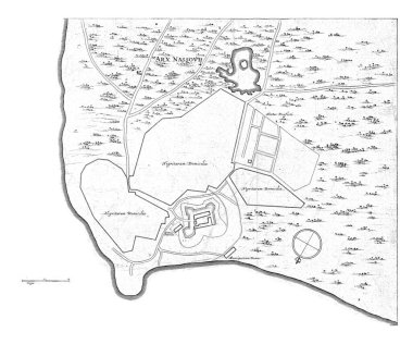 Haritada Nassau Kalesi, 1636-1644, Jan van Brosterhuyzen, Frans Jansz Post 'tan sonra 1645 - 1647 Harita Fort Nassau' nun yerini gösteriyor, 1636-1644, eski gravür..