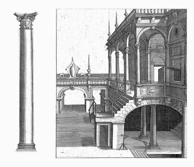 Bileşik düzen ve sütunlu bina, kompozit sütunlu bina ve kompozit yapı düzeninin bir sütunu, vintage oymacılığı.