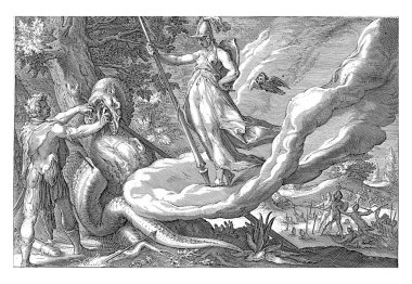 Minerva, Cadmus 'a öldürdüğü ejderha dişlerini dikmesini emreder. Solda, Cadmus ejderhanın dişlerini ağzından çıkarıyor, eski model oyma..