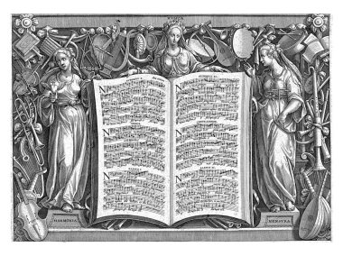 Allegory of the Praise of Music. Title print for the series entitled: Encomium Mucies. In the middle an open book with the musical notation of the six-part motet, vintage engraving. clipart