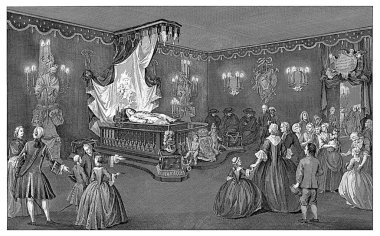 Ziyaretçilerin olduğu odanın manzarası. Prens IV. William 'ın cesediyle birlikte yatağın önünde..