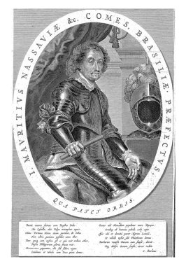John Maurice 'in portresi, Nassau-Siegen Prensi, 1647, Knee zırh içinde oturuyor, sağda, eski gravür..