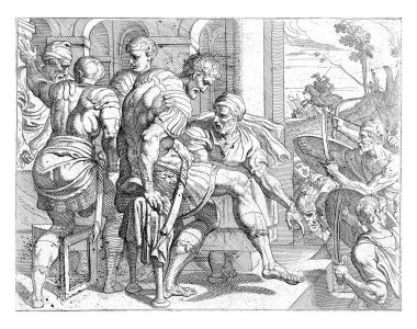 Laertes' house attacked, The relatives of the deceased suitors want revenge and storm the house of Laertes, vintage engraving. clipart