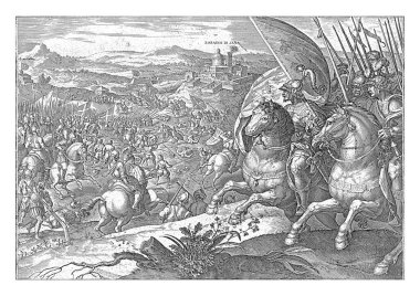 Pietro Strozzi kuşatma altındaki Sienna 'dan (1554) çekildi. Ön planda Strozzi ve ordusu. Arka planda Siena ve Floransa ordusu yakınlarında bir manastır var..