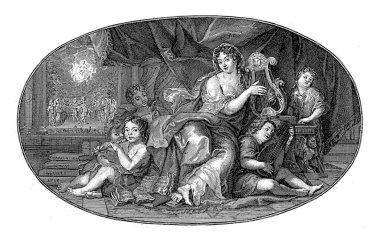 Liri çalan müziğin kişileştirildiği tavan. Ayrıca Madam de Maintenon 'un portresi, XIV. Louis' in ikinci karısı ve metresi, eski gravür..