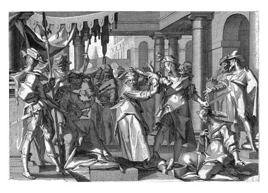 Kral Süleyman tahtına oturur ve hükmünü verir. Tahtın önünde her ikisi de yaşayan çocuğun anneliğini iddia eden iki kadın var, klasik oyma..