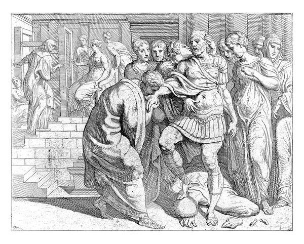 오디세우스는 하인들의 환영을 받았고 오디세우스는 하인들의 환영을 받았는데 페넬로페의 참회자들과 — 스톡 사진