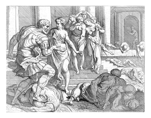 Punishment of the servants of Penelope, Odysseus, who killed the suitors of Penelope, orders his nurse Eurykleia to bring together all the unfaithful servants of Penelope, vintage engraving.