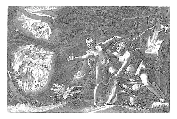 朱庇特 带着鹰和雷电 在陆地上画了一条广阔的薄雾带 误解了爱奥的意思 那就是古老的版画 — 图库照片