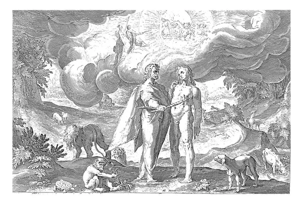 Prometeusz Daje Człowiekowi Ogień Dwóch Mężczyzn Różnych Zwierząt Słoń Lew — Zdjęcie stockowe