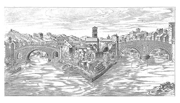 Tiber Island in Rome, Etienne Duperac, 1575 View of the Tiber Island between Pons Cestius and Pons Fabricius, vintage engraving.