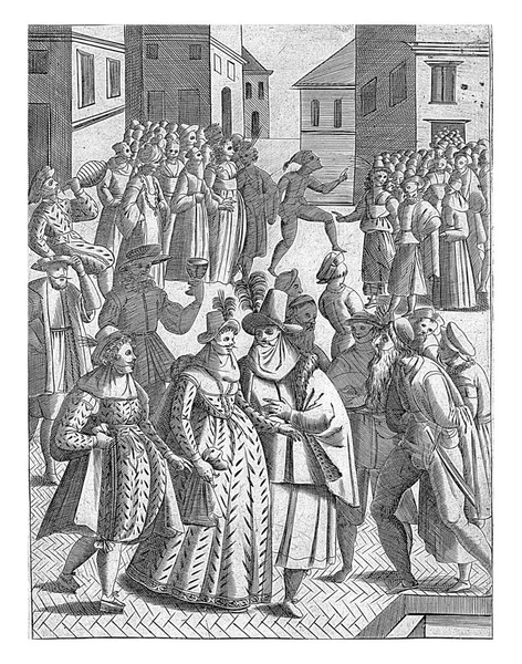Карнавал Венеции Анонимный 1610 Мужчины Женщины Масках Улице Венеции Время — стоковое фото