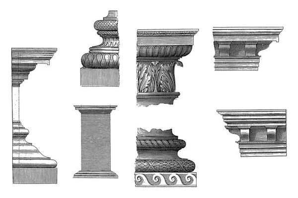 複合詳細 1620複合建設順序の詳細 コーニス ベース メインフレームと列 ヴィンテージ彫刻 — ストック写真