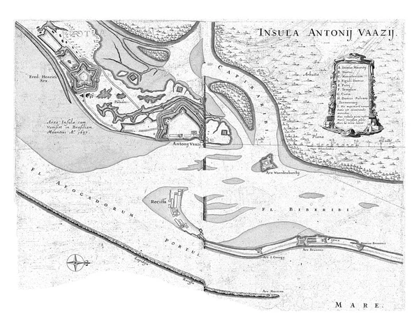 Antonio Vaz岛与累西腓对面的地图 显示Frederik Hendrik Ernest和Waerdenp Org三个堡垒 大约1636 1644年 古老的版画 — 图库照片