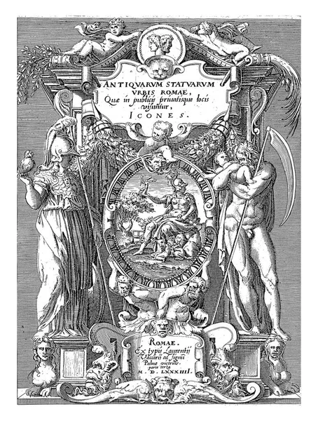 Título Impreso Con Roma Minerva Saturno Cartucho Ovalado Que Representa —  Fotos de Stock