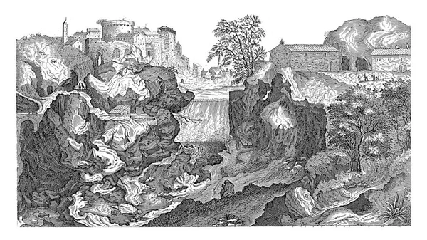 View Tiber Tivoli Middle Landscape Waterfall Left Tivoli Vintage Engraving — Stock Photo, Image