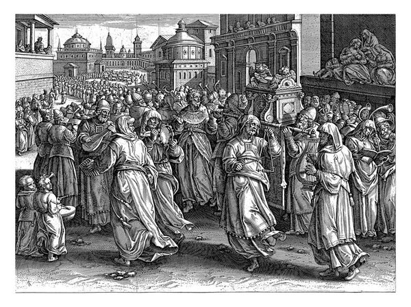 The Ark of the Covenant is carried in a procession to the Temple of Solomon. King Solomon walks ahead of the Ark. Sung from music books and played on trumpets, vintage engraving.