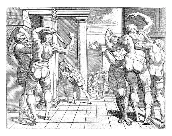 오디세우스는 텔레마코스의 도움으로 구혼자들을 죽이고 오디세우스는 페넬로페의 구혼자들을 텔레마코스의 도움으로 — 스톡 사진