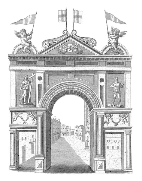 胜利之门 有两个寓言人物和两个带有金羊毛链子的意大利面 古老的雕刻 — 图库照片