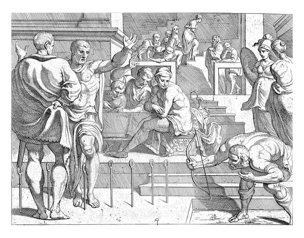 オデュッセウスは12個の指輪を通して矢を射るペネロペのスーパーバイザーの前で オデッセウスは弓を締め 12個の指輪 ヴィンテージ彫刻を通して矢を射る — ストック写真