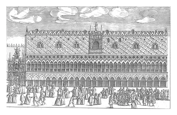 Facade of the Doge\'s Palace in Venice, anonymous, 1610 Facade of the Doge\'s Palace with activity in the foreground on the Piazzetta, vintage engraving.