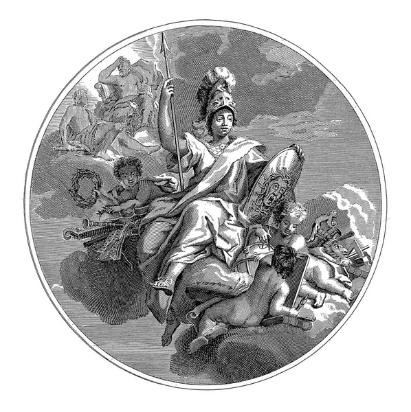 Ceiling Piece Goddess Minerva Enthroned Clouds Helmet Spear Shield Vintage — Stock Photo, Image