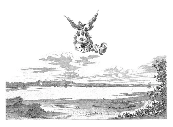 イタマラカ島の眺め 16361644年 イタマラカ島の眺め 16361644年 空中では タイトルとブドウの束と武器を持つ飛行バンデロール ヴィンテージ彫刻 — ストック写真