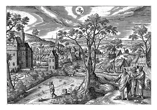 在中心上方是黄道带白羊座的标志 在前面是基督把三个人指给田里的一个撒种的 鸟儿跟着他 吃着种子 吃着古老的雕刻品 — 图库照片