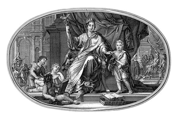 Ceiling piece with personified Eloquence, seated on a throne with staff in hand and crown on the head, vintage engraving.